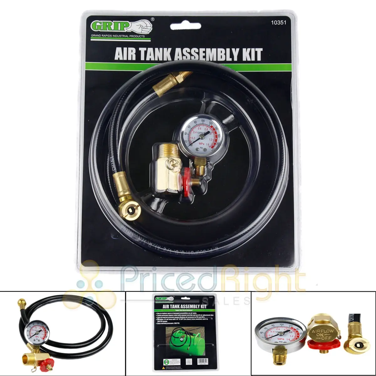 Air Tank Assembly Kit 4 Ft Hose 0-200 Psi Gauge 1/4" Npt Tire Chuck Grip 10351 1