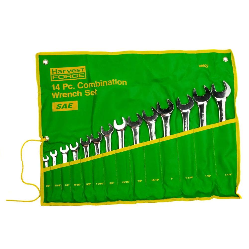 14Pc Piece Sae Standard Combination Wrench Set W Roll-Up Pouch 3/8" To 1 1/4" 1