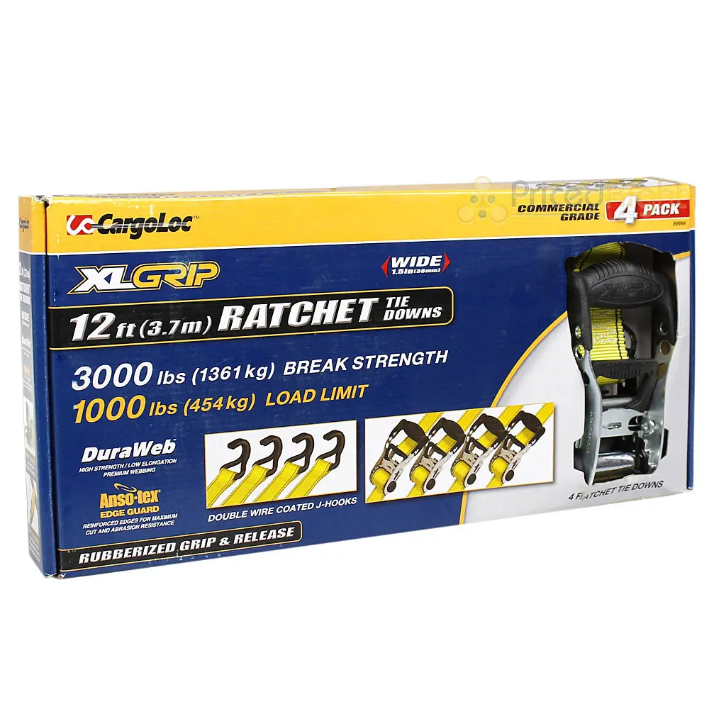 12 Ft Ratcheting Tie Down Straps 4 Pack Xl Grip 1000Lbs Load Limit S-Hook 89994 1