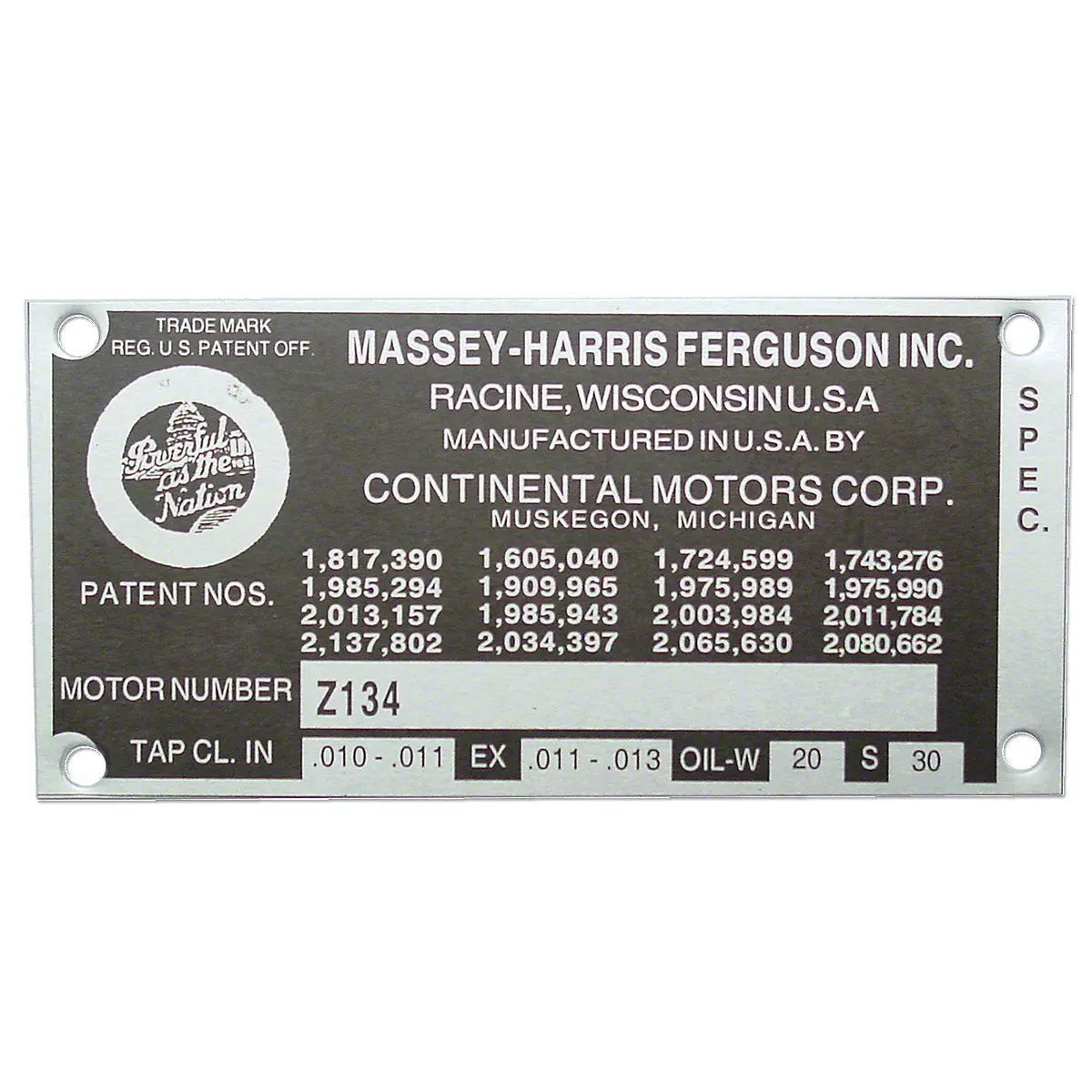 Engine Serial Number Tag W/ Rivets Fits Massey Tractor | Z134 1