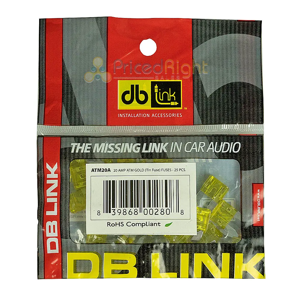 Db Link 20 Amp Atm Mini Fuse, 25-Pack Of Fuses Great For Car/Marine Audio Atm20a 1