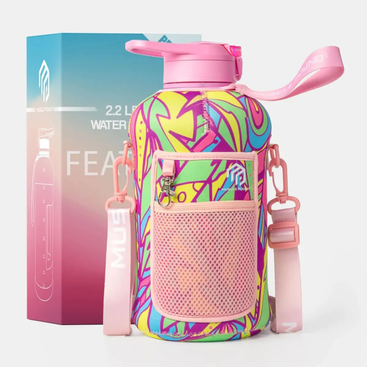 Muscle Pound Half Gallon Jug Covered Straw Lid With Sleeve Bpa Free 75Oz Feather 1