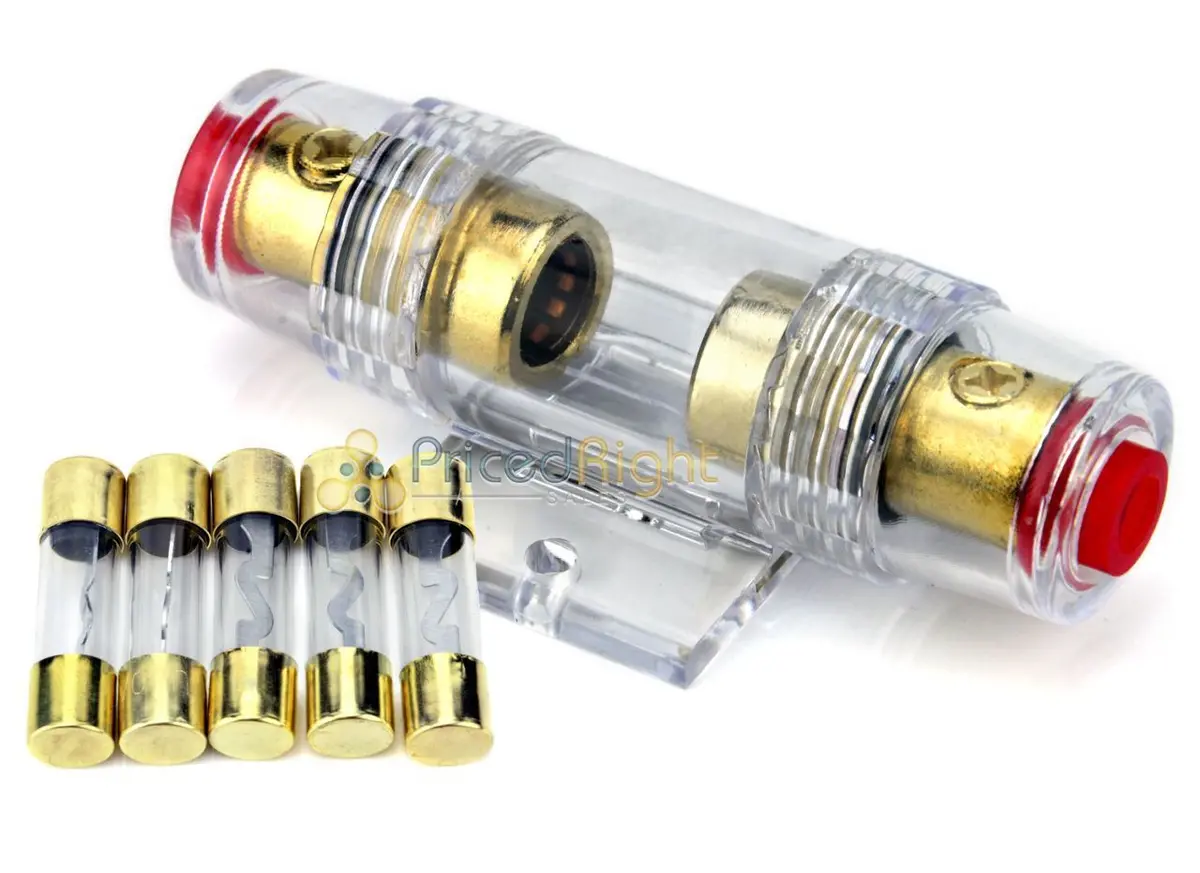 High Quality Gold In-Line 4 Or 8 Gauge Agu Fuse Holder + 5 Pack 50 Amp Agu Fuses 1