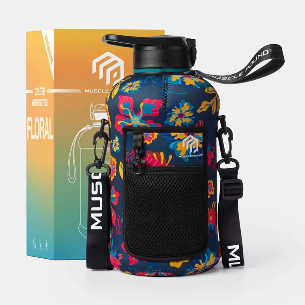 Muscle Pound Half Gallon Jug Covered Straw Lid With Sleeve Bpa Free 75Oz Floral 1