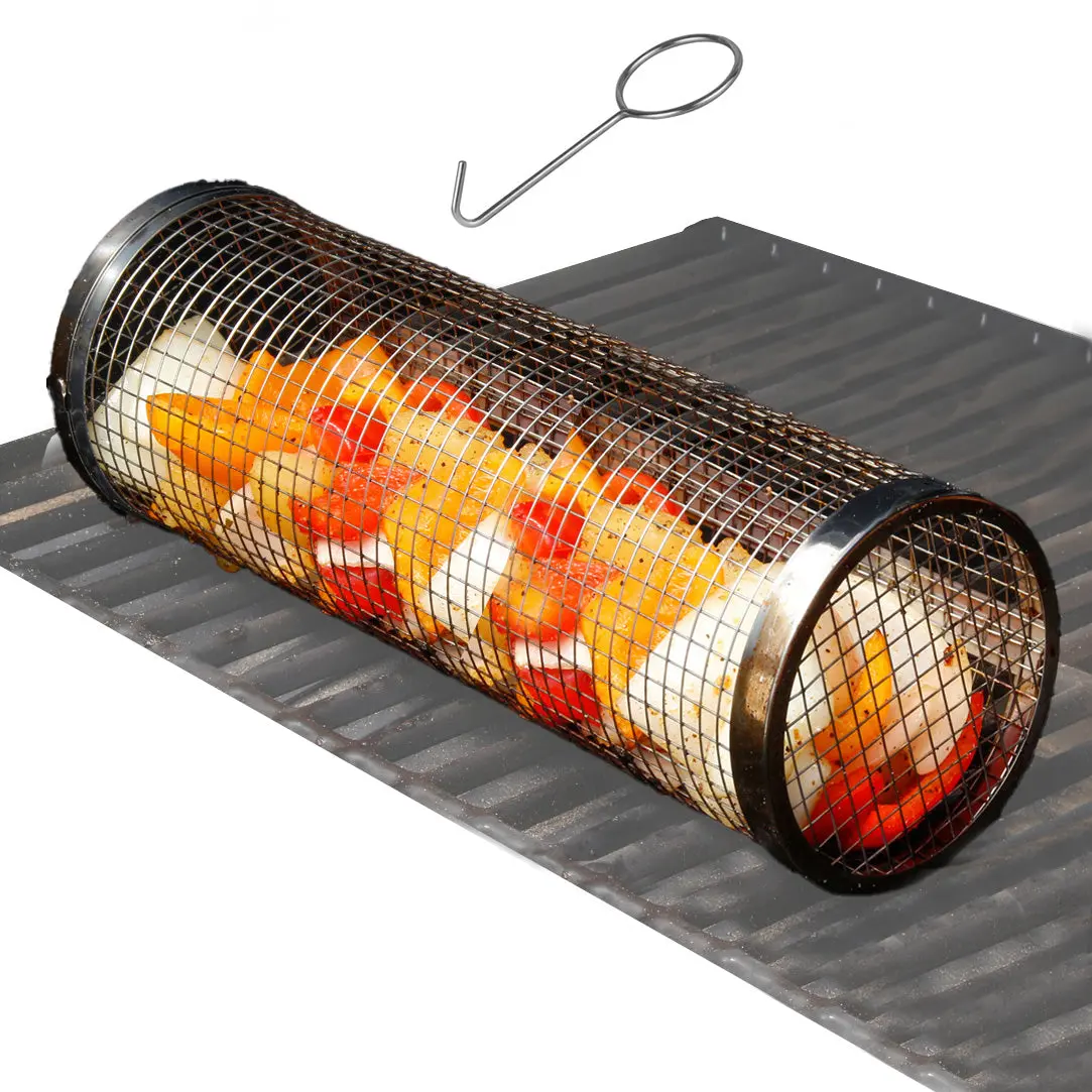 Outdoor Rolling Grill Basket Large Bbq Net Tube Round Mesh Cage Latching Lid 1