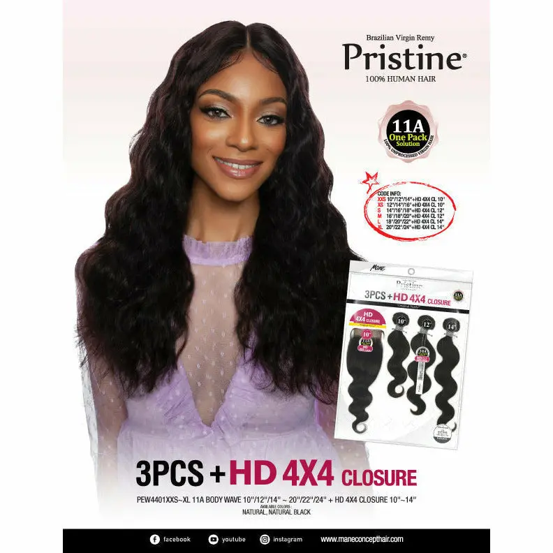 Pristine: 11A 100% Unprocessed Human Hair 3 Bundle + Closure Pack - Body Wave 1