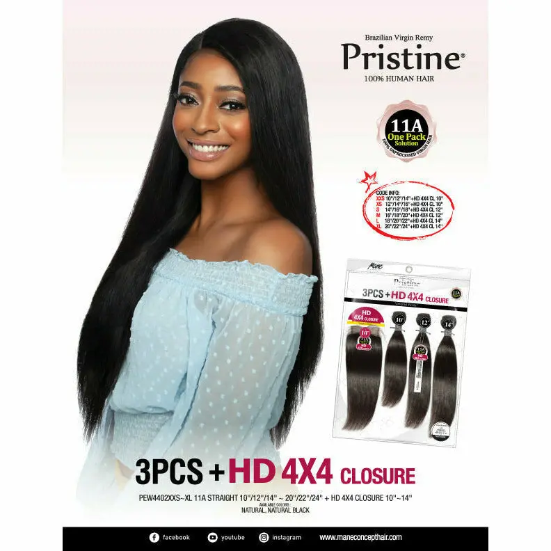Pristine: 11A 100% Unprocessed Human Hair 3 Bundle + Closure Pack - Straight 1