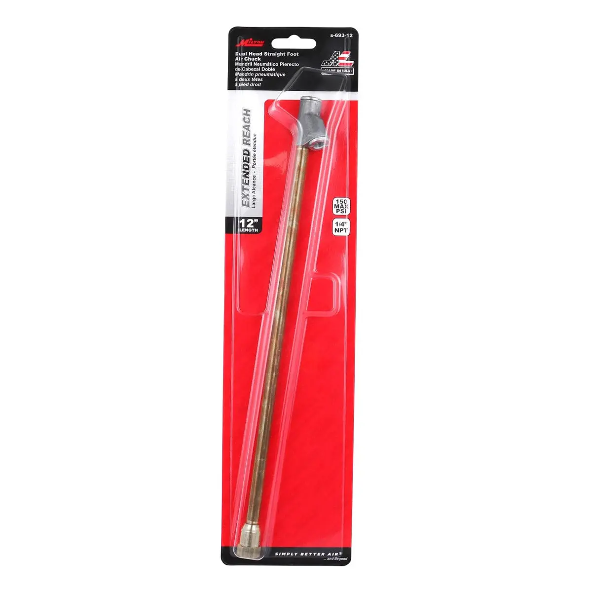 Milton S-693-12 Extended Reach Dual Head Air Chuck 1/4" Fnpt 12" Long 1