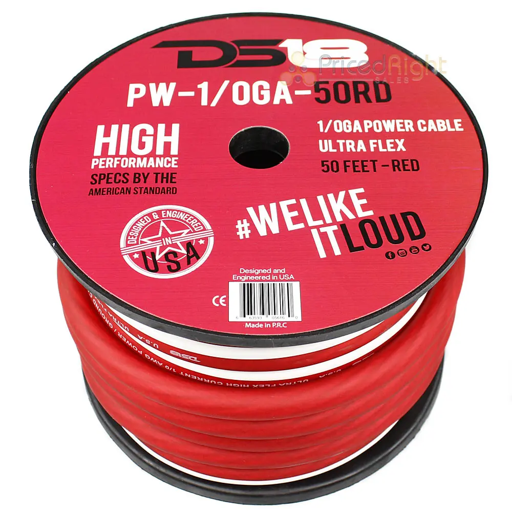 Ds18 1/0 Gauge Power Wire Ground 50 Ft Spool Red Cca Ultra Flex Pw-1/0Ga-50Rd 1