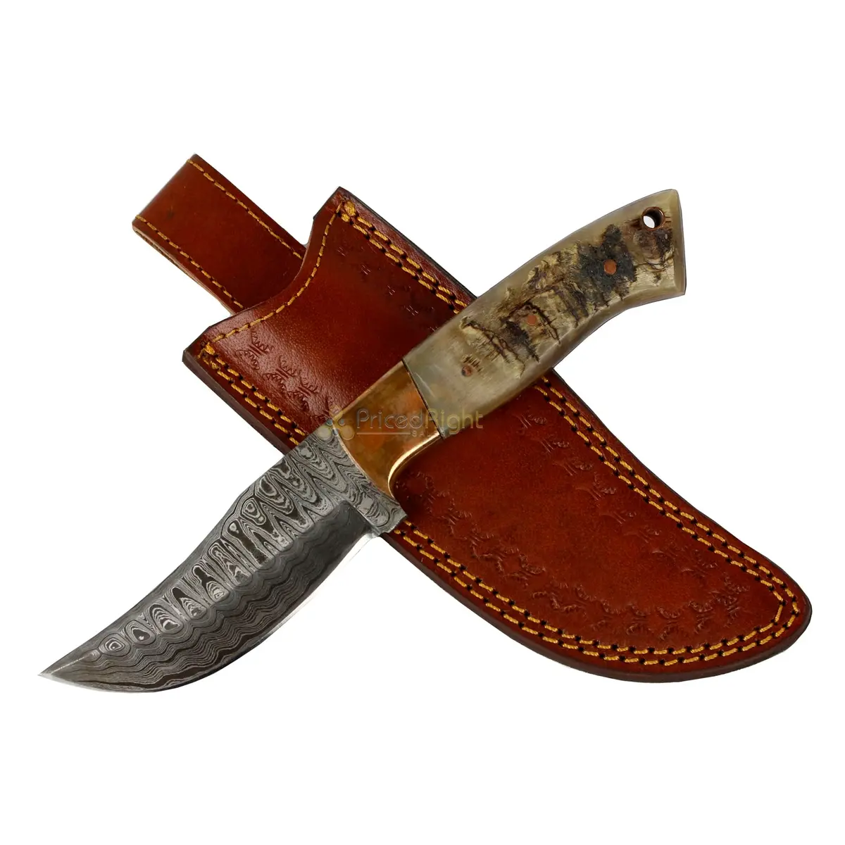 Vintage Gentlemen Ram Horn 4-In Fixed Blade Damascus Steel Hunter Knife & Sheath 1