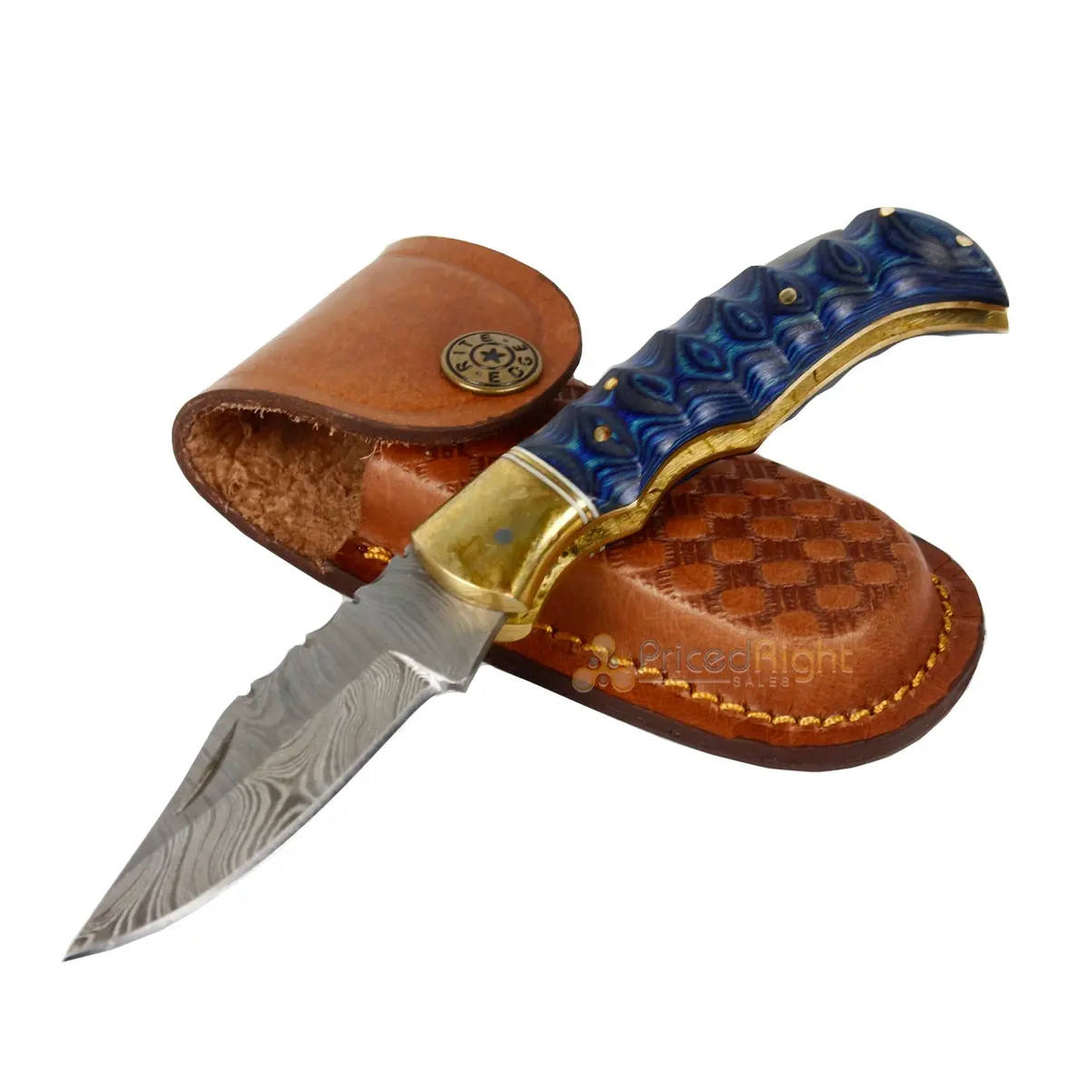 Vintage Gentlemen Grooved Lockback Damascus Steel Folding Pocket Knife Blue 1